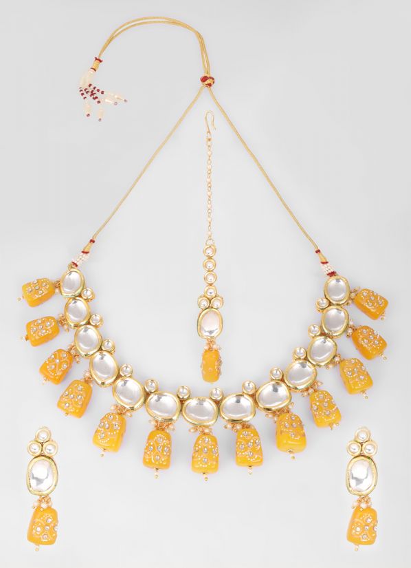 Gold Round Mirror Beads Kundan Necklace Set