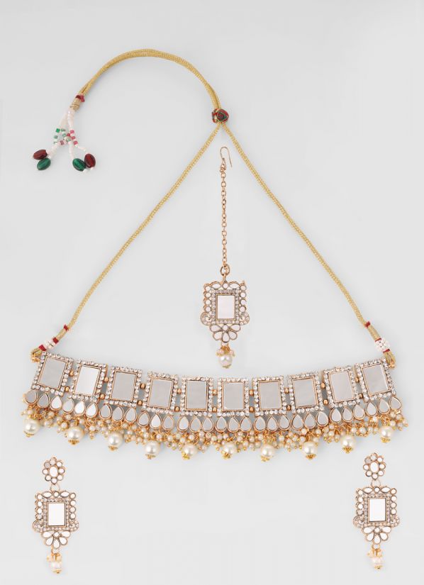 Mirror Effect Pearl Colour Choker Necklace Set
