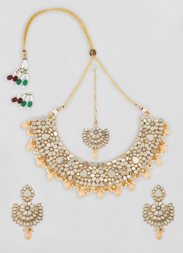 Mirror Peach Colour Choker Necklace Set