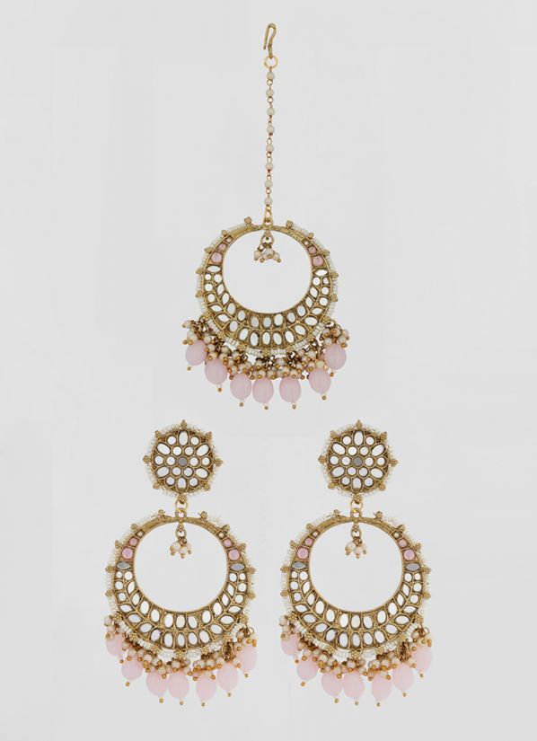 Pink Mirror Earrings and Tikka Set