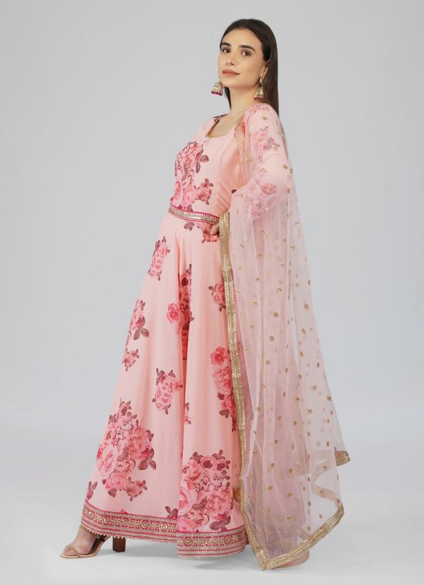 Baby Pink Embroidered Georgette Bias Cut Suit Set
