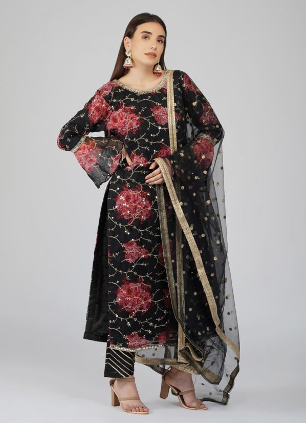 Black Georgette Straight Cut Gold Embroidered Suit Set