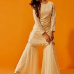 Cream Georgette Embroidered Shift Style Gharara Suit Set