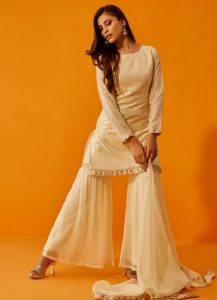 Cream Georgette Embroidered Shift Style Gharara Suit Set
