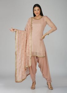 Peach Shift Style Gold Embroidered Patiala Set